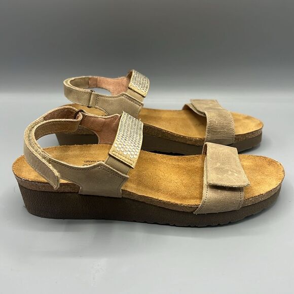 Naot Lisa Khaki Beige Leather Rhinestone Sandals - Picture 2 of 10